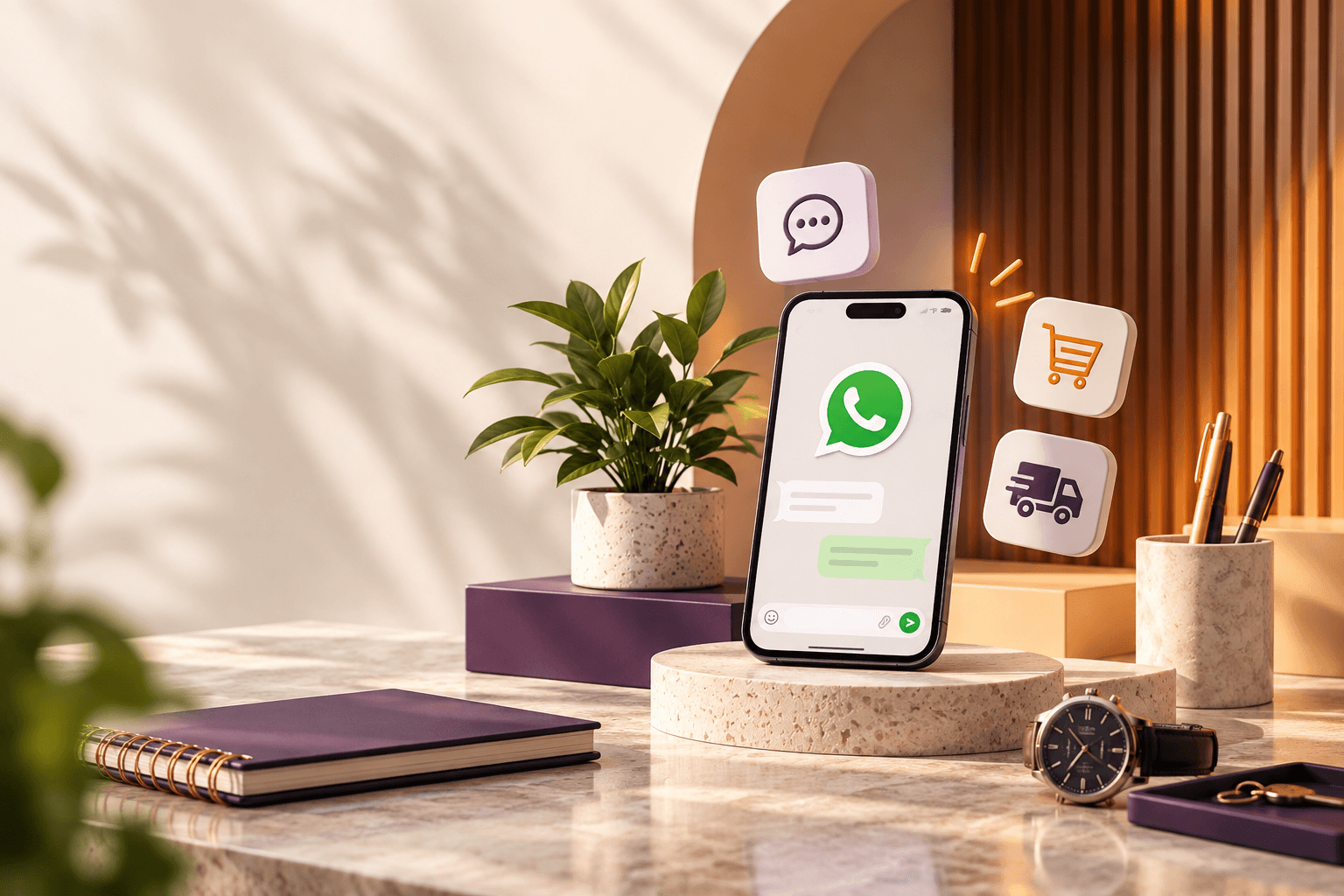 Phone displaying WhatsApp beside shopping and delivery icons