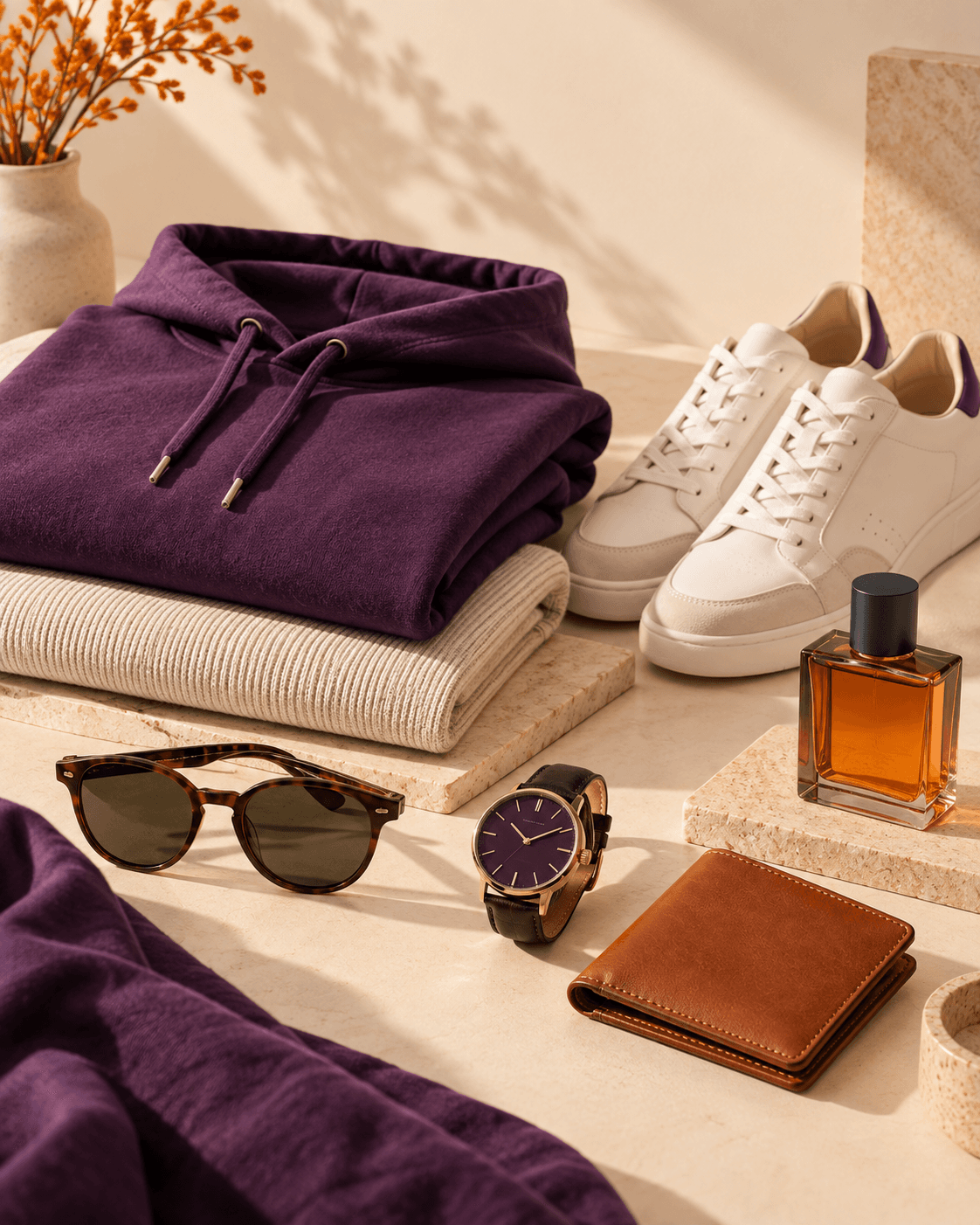 Hoodie, sneakers, watch, fragrance and accessories styled for everyday wear